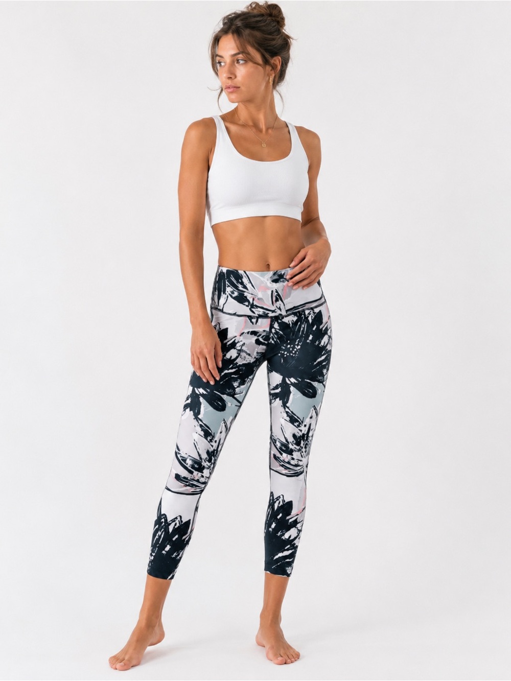Apana 7/8 Leggings Tropical floral Print Navy Blue Turquoise Pink Print Xs